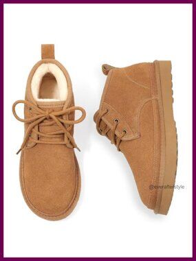 Genuine Suede Fur Lined Ankle Snow Boots Lace Up Chukka